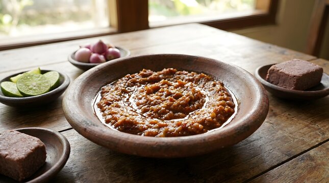 Traditional Indonesian Sambal Terasi Chili Paste Served in Rustic Bowl on Wooden Table, Culinary Experience in Indonesia