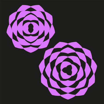Purple vector rose flower features geometric polygon petal shape. Abstract floral neon graphic complements dark background.