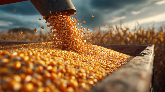Golden corn harvest pouring into trailer at sunset on agricultural farm field