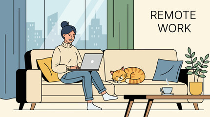 Obraz premium Woman working remotely on laptop on sofa with cat sleeping beside her, cityscape view