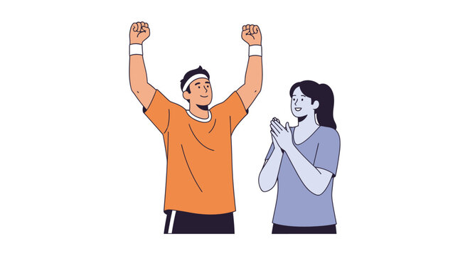Man with arms raised in victory celebrating success while woman claps in admiration, isolated on white background