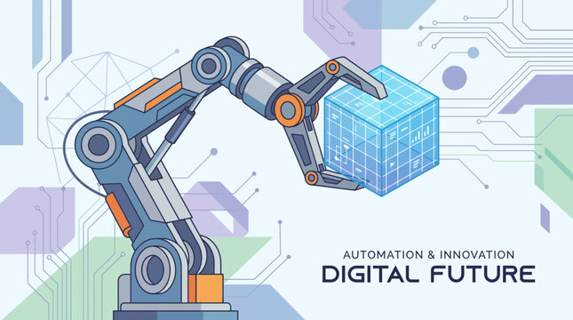 Robotic Arm Holding Digital Cube, Automation and Digital Future Concept