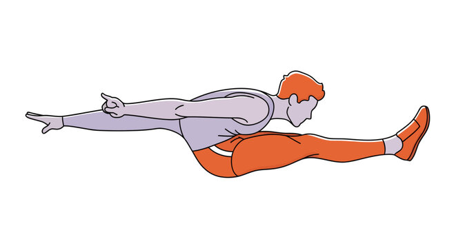 Dynamic illustration of a flexible male athlete performing a straddle split on the floor, showcasing balance, strength, and advanced yoga or gymnastic exercise.