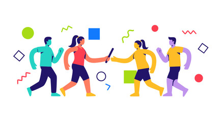 Fototapeta premium Modern flat design illustration of a relay race with diverse athletes passing the baton, representing teamwork, collaboration, and competitive spirit.