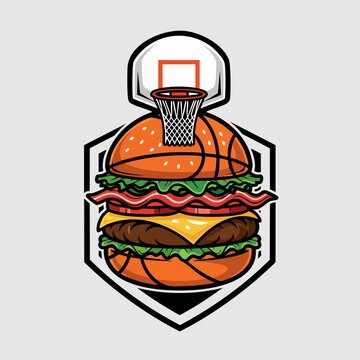 Basketball Hoop Burger Sandwich Esport Gaming Food Logo Vector Illustration