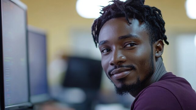 Focused developer with a confident gaze working in the high tech workplace