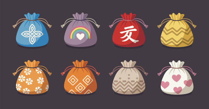 Traditional Korean Fortune Bag Set Featuring Floral Pouches, Decorative Hieroglyphs and Cultural Cartoon Vector Illustration