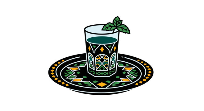 Decorative ornate glass of mint tea illustration design.