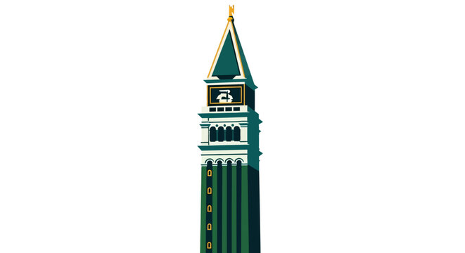 Illustrated Green Clock Tower With Ornate Architectural Design.