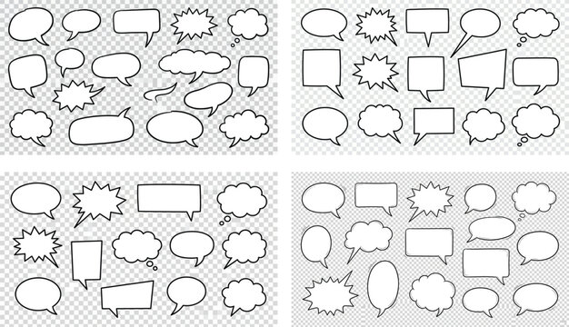Various comic speech bubbles and thought clouds in different shapes and sizes for graphic design isolated on transparent background