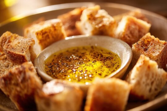 Warm crusty bread pieces surrounding shallow dish of peppery olive oil ready for tasting experience, appetite-stimulation composition