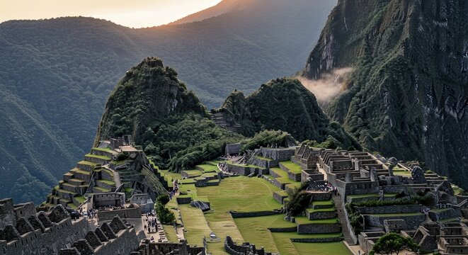 Ancient Inca ruins of Machu Picchu sit atop a mountain surrounded by lush greenery and majestic mountains at sunrise.