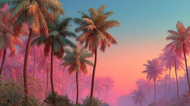 Silhouetted palm trees against a dreamy pink and orange sunset sky with soft fog.