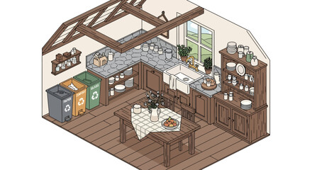 Obraz premium Cozy rustic kitchen interior with wooden furniture, stone countertop, and dining table, illustration