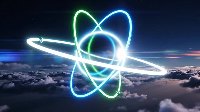 Glowing neon atom symbol floating above dark clouds.