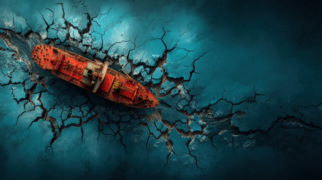 Global trade tensions cargo ship cracked ice frozen sea aerial view winter shipping route disruption