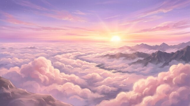 Beautiful sunrise over mountain peaks above soft fluffy clouds in a dreamy purple and orange sky