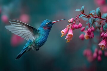 Fototapeta premium Small colorful hummingbird flying towards a cluster of delicate pink flowers in a lush garden setting.
