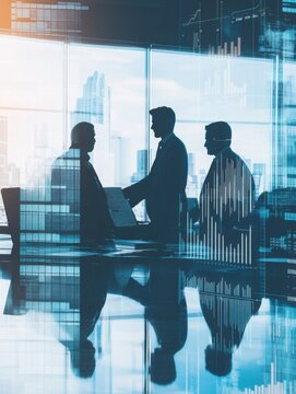 Strategic alliance three business partners discussing opportunities in modern setting