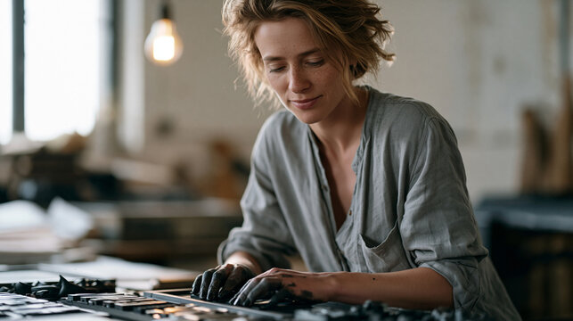 Candid moment of a letterpress apprentice inking movable type blocks under a single hanging bulb in a basement workshop, hands blackened, expression absorbed, perfect for