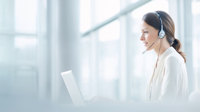 Customer service representative wearing headset in a bright modern office, working on laptop, soft natural light, realistic editorial corporate support photography A woman in a whi