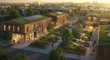 Fototapeta premium Aerial view of a modern sustainable community with green roofs and gardens at sunset
