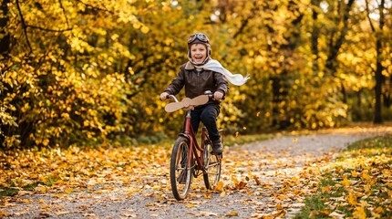 Fototapeta premium Boy on Bicycle in Autumn Park: A young boy, dressed as a superhero with a cape flowing, joyfully rides a bicycle on a path covered in fallen autumn leaves, surrounded by trees with golden foliage.