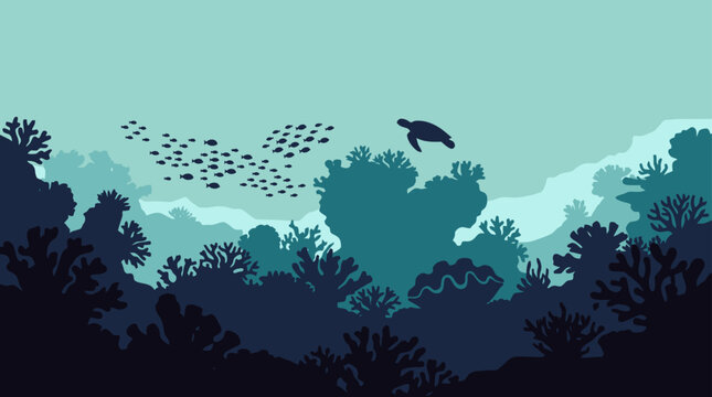 Graceful sea turtle swimming above colorful coral reefs, accompanied by a school of fish, depicted in a stunning underwater flat illustration