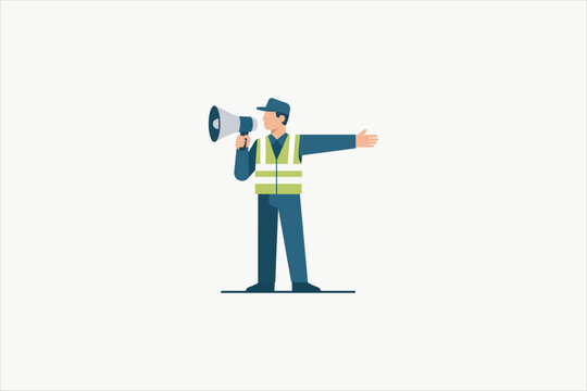 Safety officer or traffic warden in high visibility vest speaking through megaphone and directing way. Announcement, authority, and security concept vector on white background. Vector illustration.