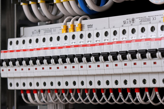 ABB circuit breakers are installed in the electrical control panel. 