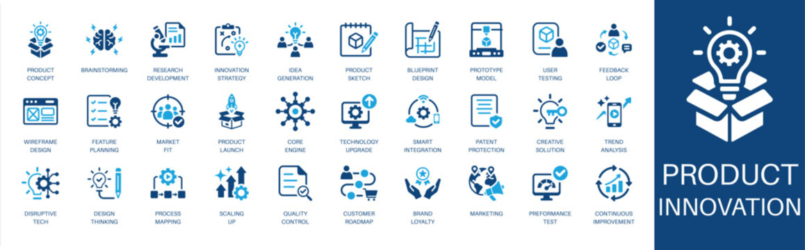 Product innovation solid icon set. Featuring design thinking, prototype model, product roadmap, user feedback, disruptive tech, and market fit. Vector icons for startup and product management.