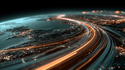 Fototapeta premium Global investment pathways visualized as glowing highways across Earth, futuristic realism, teal orange palette, 3D render, finance concept.