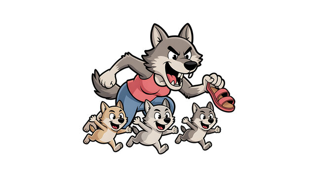 Angry mother wolf chasing naughty wolf pups with a sandal, funny cartoon vector illustration isolated on black background