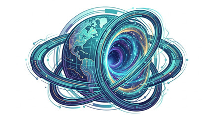 Abstract Digital Globe with Swirling Rings and Nebula Effect. © Kakasi