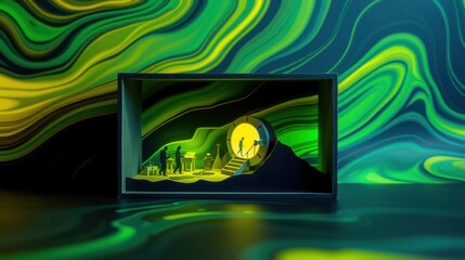 Obraz premium Miniature scene depicts interior space. Bright green, yellow hues dominate. Figures present, suggesting activity within tunnel structure. Dramatic lighting creates depth.
