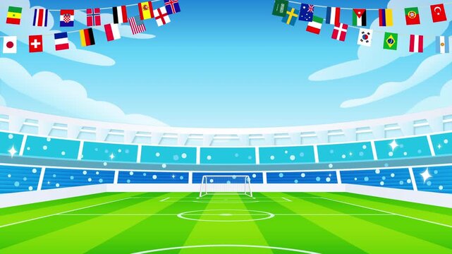 4K Animation of Football stadium background. National flags of various countries on football field background and confetti.