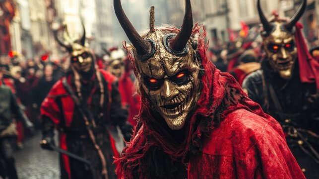 halloween parade, people wearing devil masks