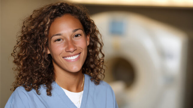 Close-up of a confident veterinarian in scrubs smiling in front of a blurred CT scanner. Ultra detailed textures create a clean, professional, and inviting atmosphere.