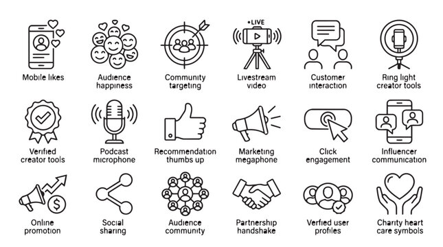 Social media communication and influencer marketing outline icon set with influencer, marketing