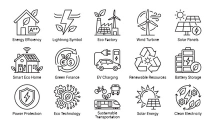 Fototapeta premium Set of sustainability and green energy line icons for environmental conservation concepts