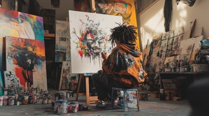 Obraz premium Artist intensely creating colorful abstract portrait in art studio ambience