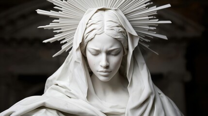 Obraz premium Sorrowful Marble Sculpture of a Veiled Woman with Radiant Halo, Evoking Religious Piety and Grief