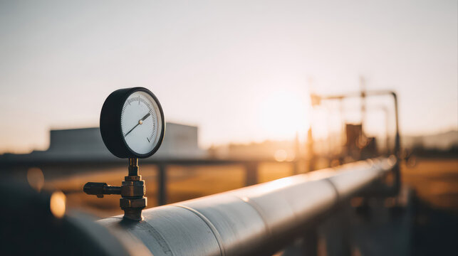 A stainless steel gas pipeline with a close-up of a pressure gauge catches dramatic sunlight. Reflections and atmospheric depth highlight industrial energy infrastructure.