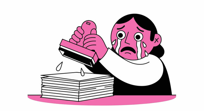 Stressed cartoon character overwhelmed by paperwork and stamp.