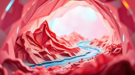Obraz premium Abstract landscape within tunnel. Pink hues dominate, creating surreal, geometric mountain range. River flows toward bright light source.