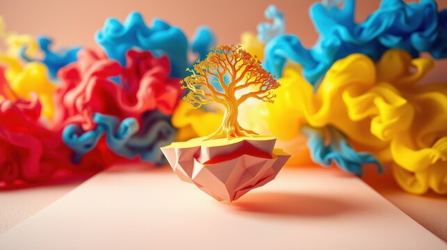 Stylized tree atop geometric island. Colorful fluid shapes surround it. Soft lighting creates dreamlike scene. Minimalist design.