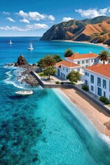 Obraz premium Aerial view of coastal villas and turquoise bay with sailboats on a sunny Mediterranean seascape
