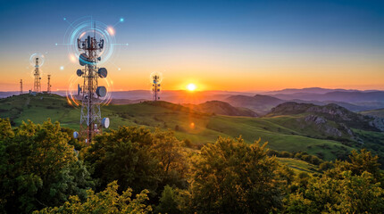 Obraz premium Sunset over a landscape with green hills and communication towers. The sun sets on the horizon, casting warm colors across the sky and illuminating the scene