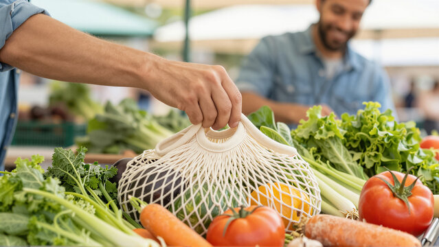 Close-up of a person holding a reusable mesh bag filled with fresh organic vegetable at a farmer market. A man smiles in the blurred background while shopping for local produce