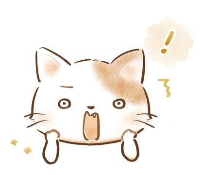 びっくり驚くふんわりタッチの猫の手描きイラスト　Cute fluffy soft-toned cat looking surprised and startled illustration, wide-eyed hand-drawn kitten, cute gentle animal character
